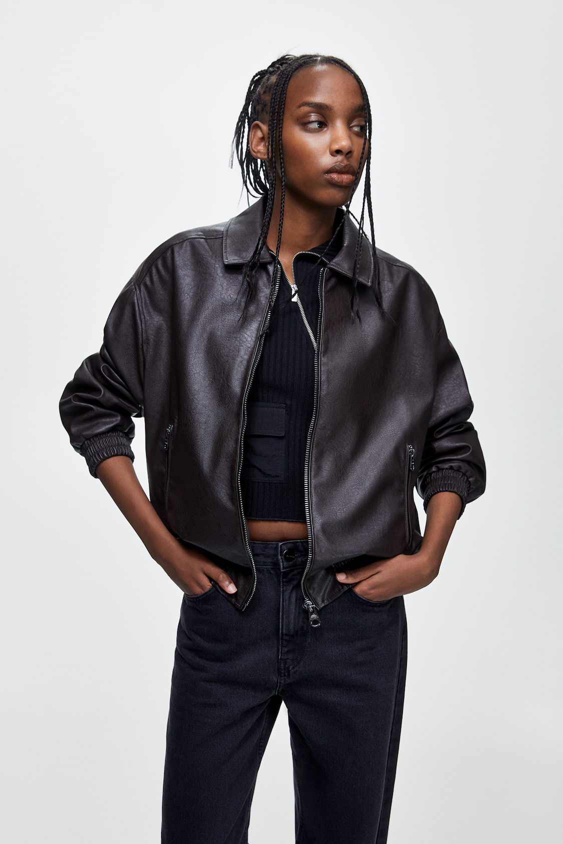 Women's Black Leather Bomber Jacket, Beige Crew-neck Sweater