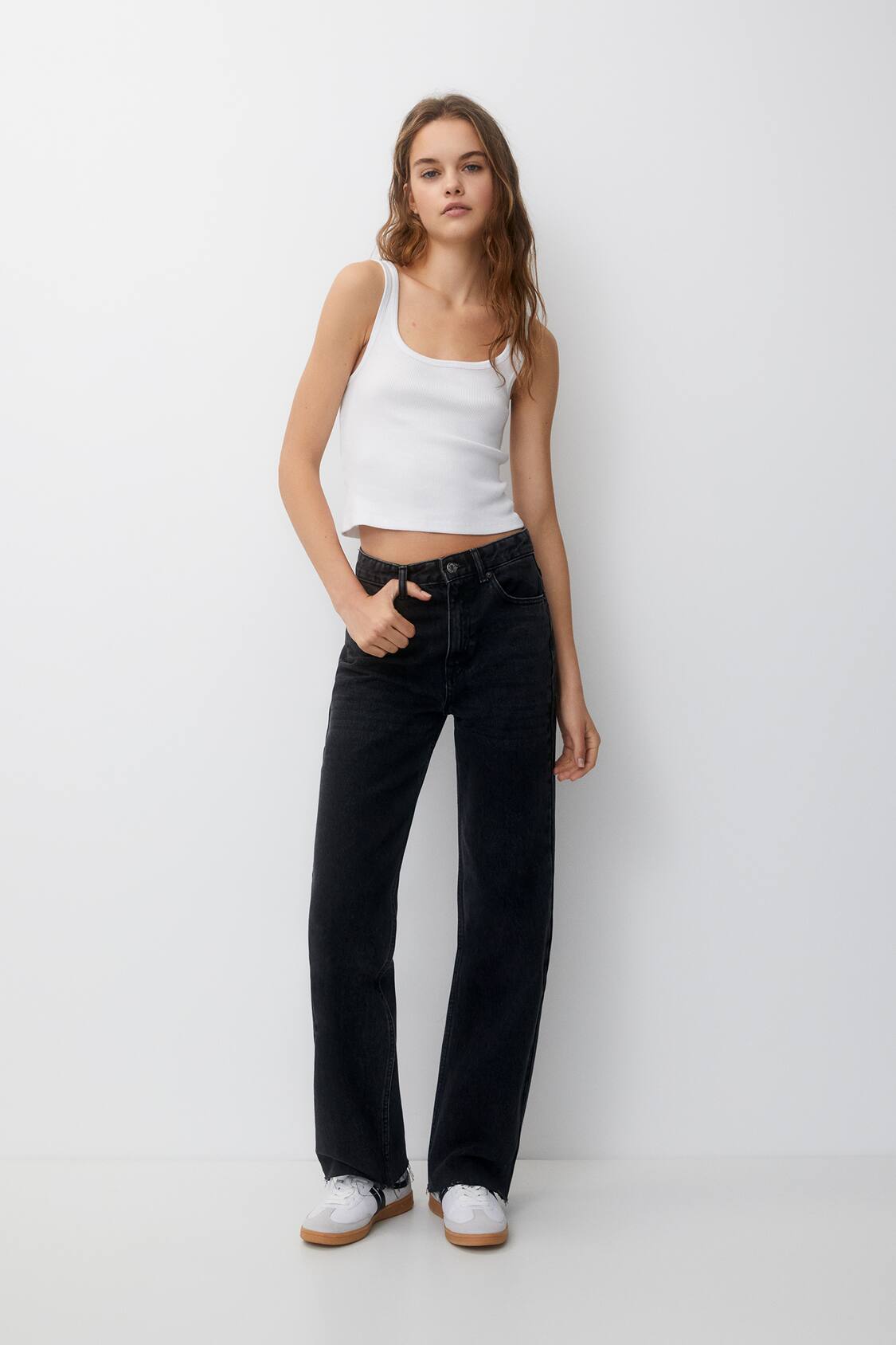 Pull&Bear high waist tailored straight leg pants with front seam detail in  gray