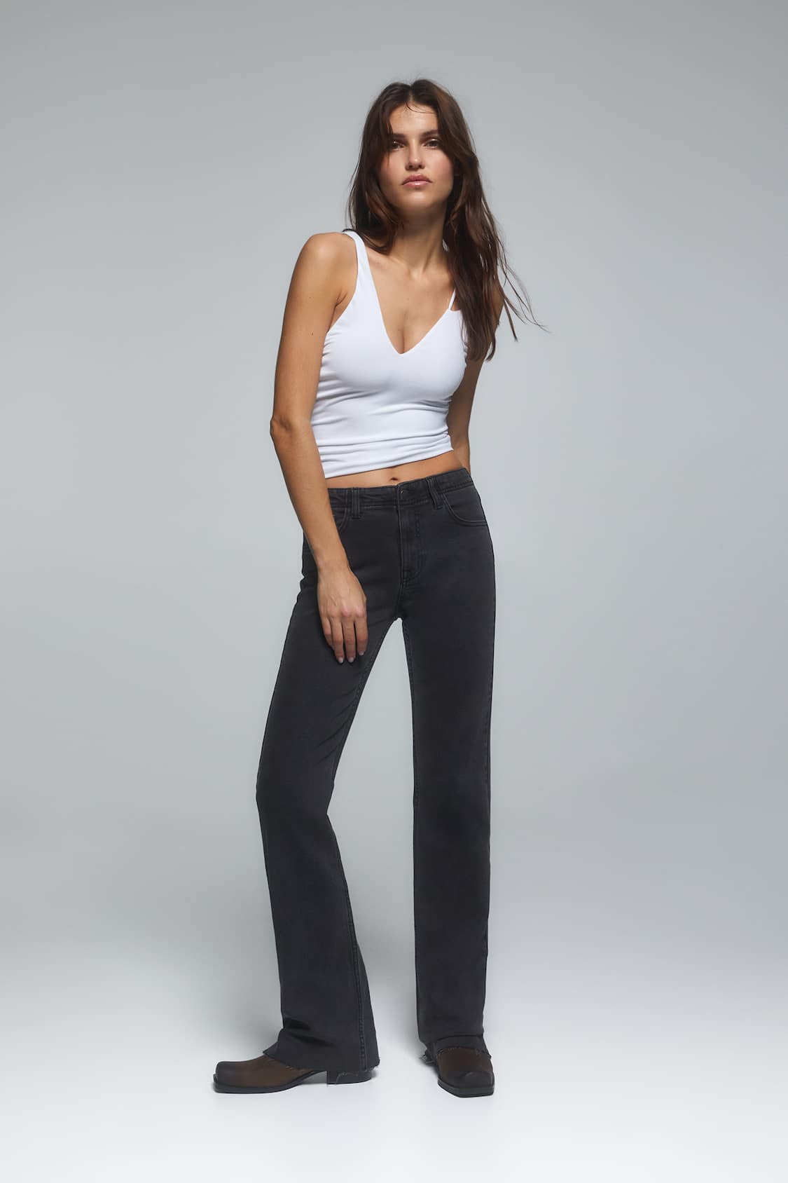 Pull&Bear skirt detail flare pants in charcoal gray