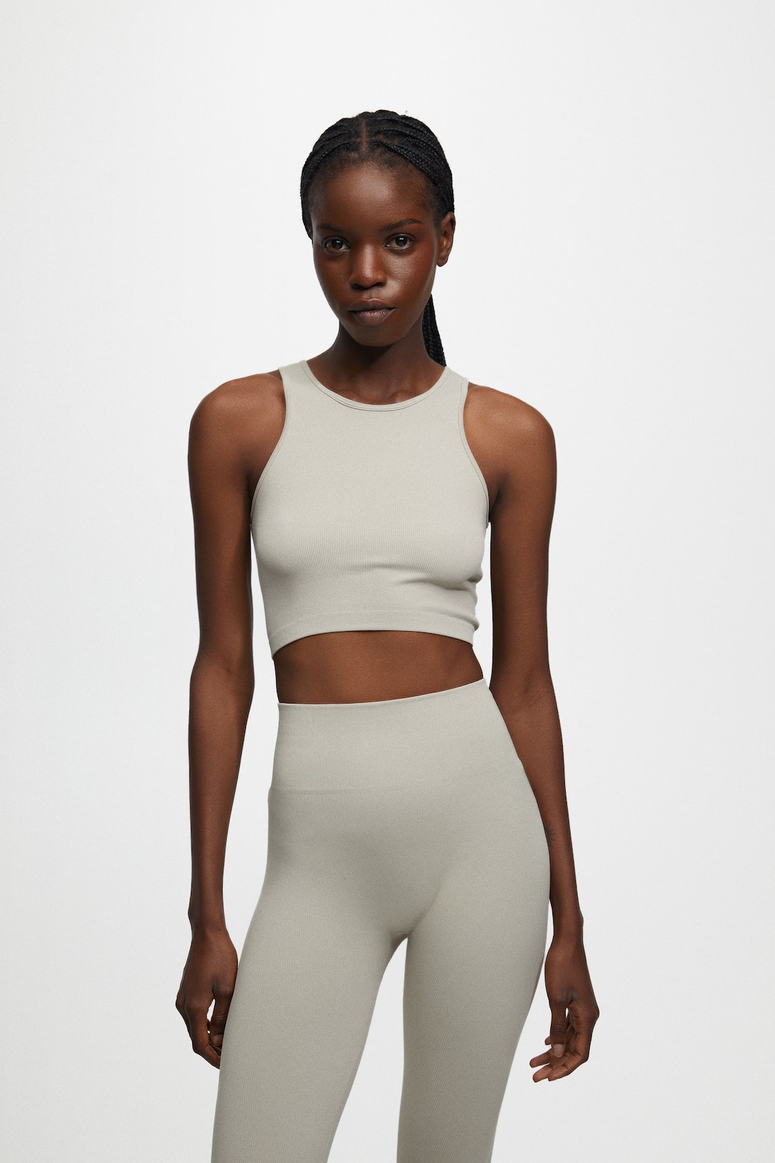 Pull&Bear ribbed seamless cropped top and legging short in sand