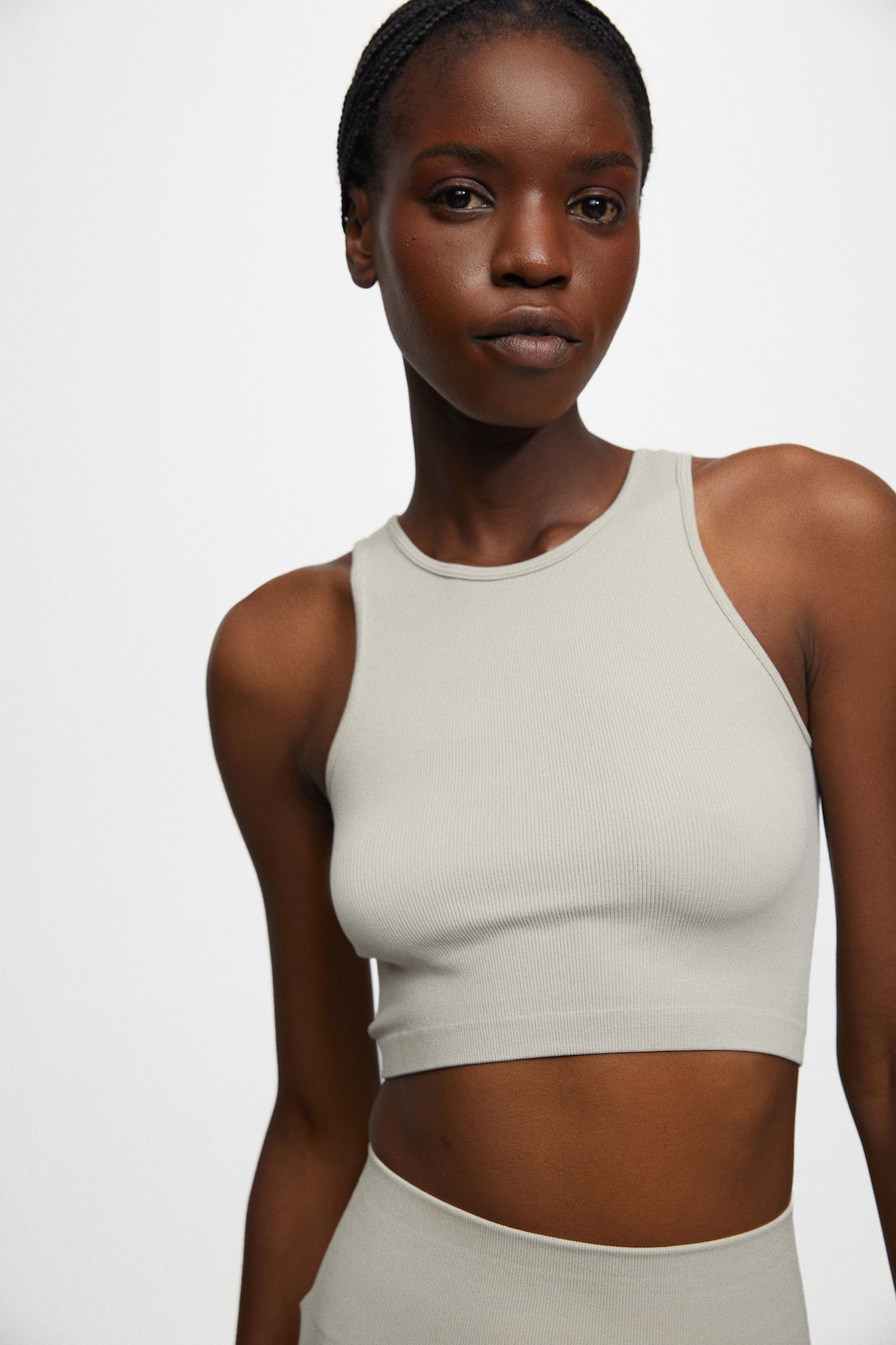 Ribbed Seamless High-Neck Cropped Tank Top/Bra