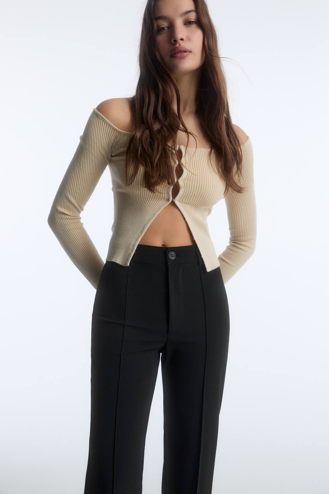 Pull&Bear high waist tailored straight leg pants with front seam detail in  gray
