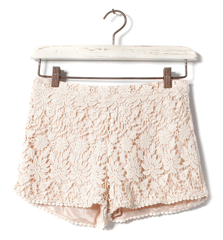 Women Retro Sand Beige Color Cotton Blend Floral Lace Crochet Shorts 