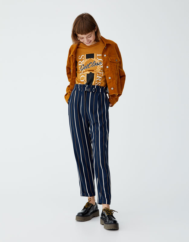 navy and white striped trousers