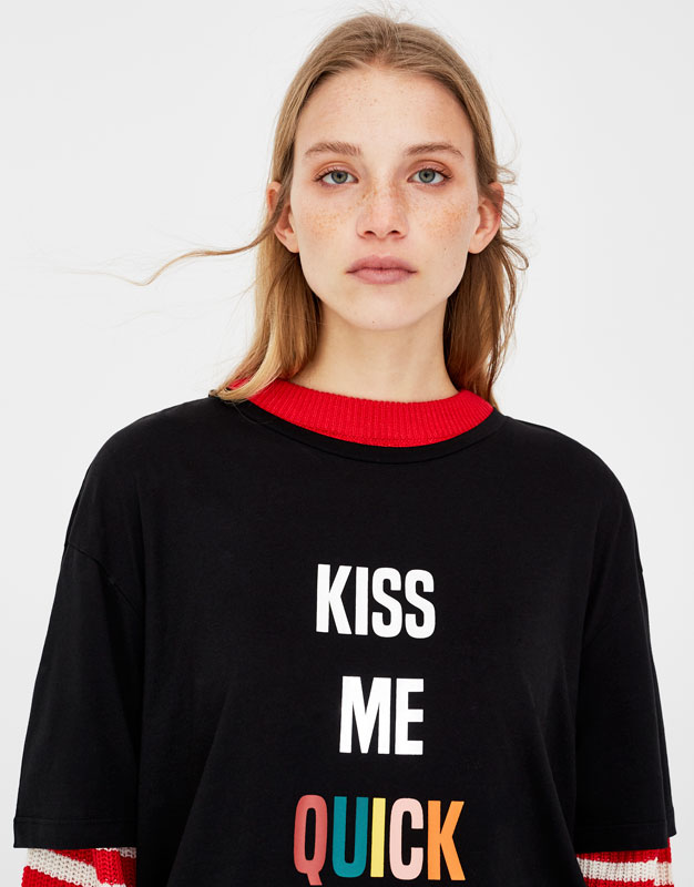 Oversize-Shirt mit Schriftzug Kiss Me , SCHWARZ
