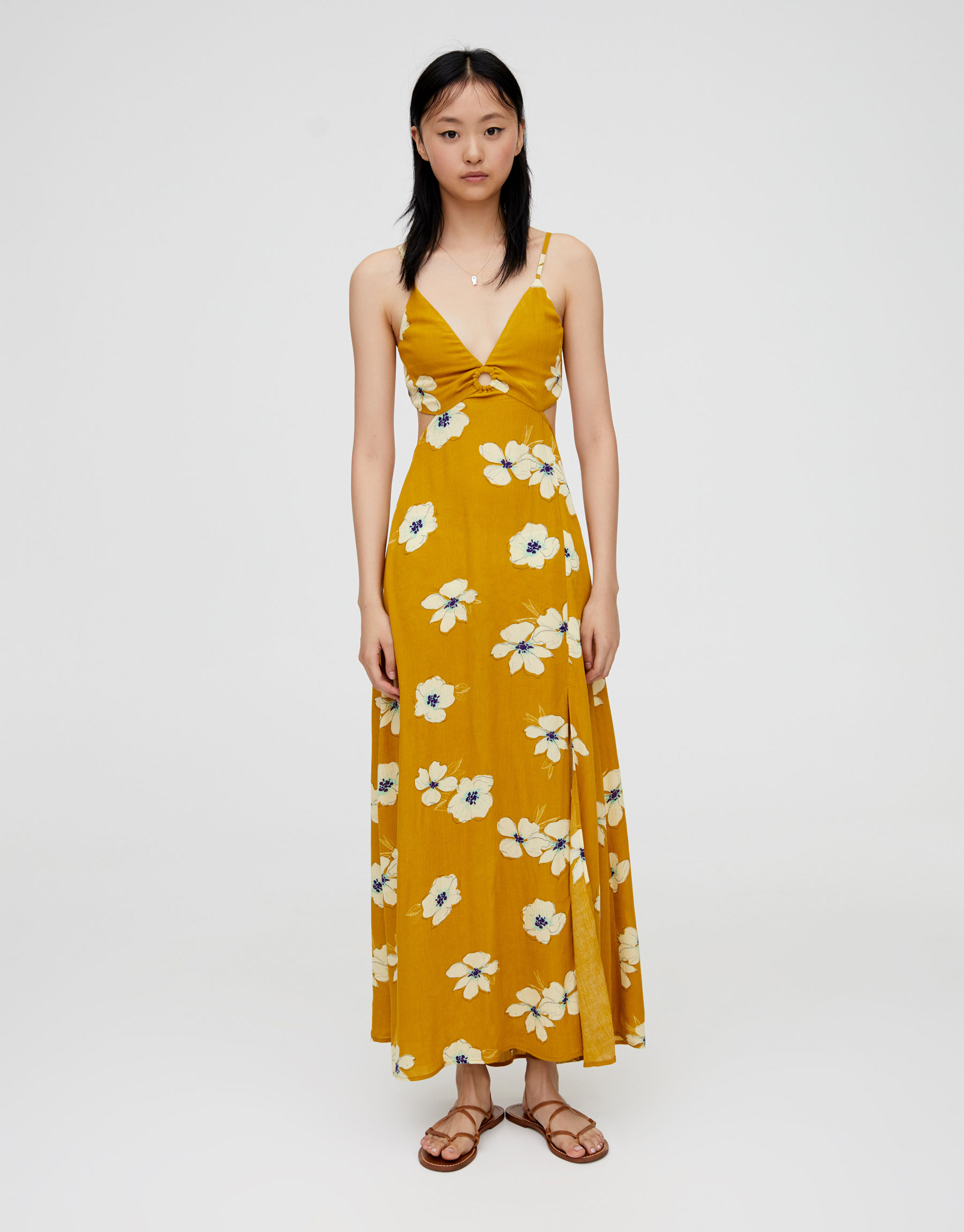 yellow floral midi dress