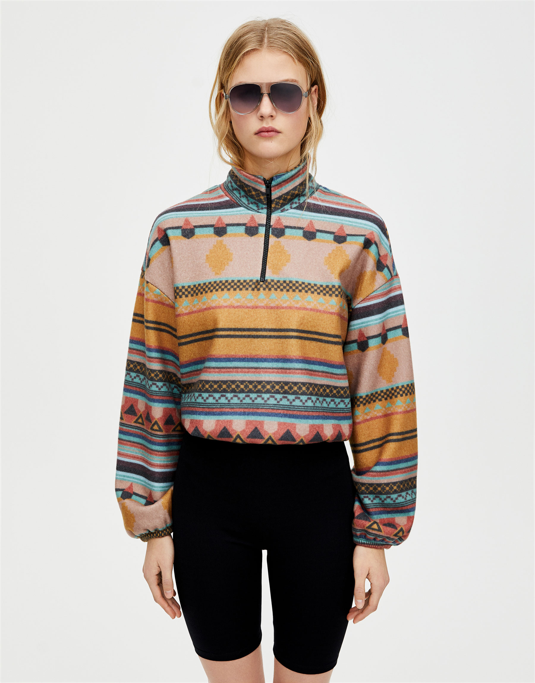 Etnik desenli polar sweatshirt