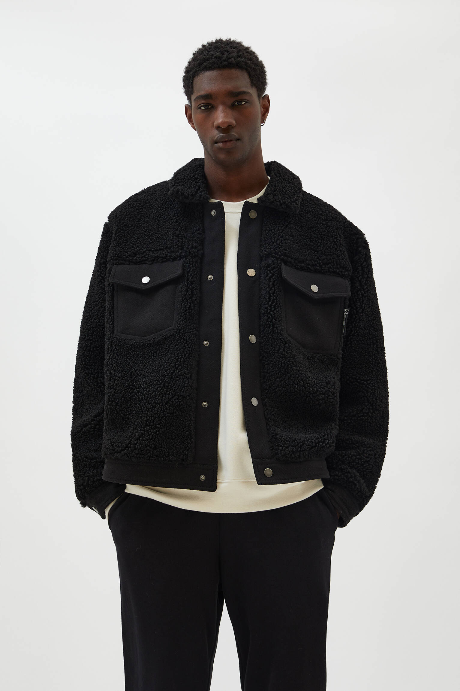 black teddy trucker jacket