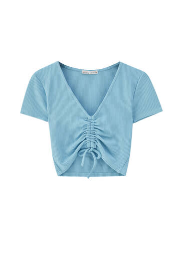 Ribbed cropped T-shirt with V-neck