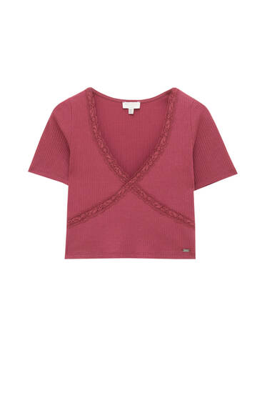 Ribbed V-neck T-shirt with lace trim