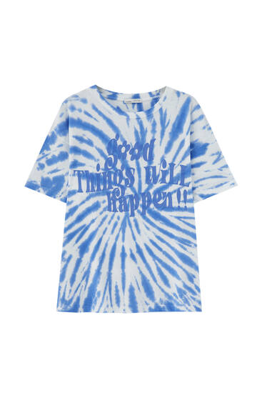 Blue tie-dye T-shirt with slogan