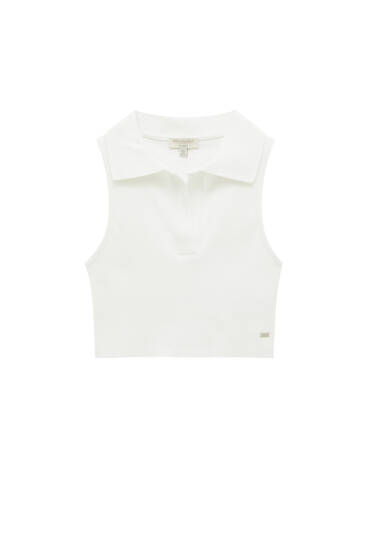 Ribbed crop top with polo collar