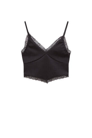 Ribbed strappy top with lace trim