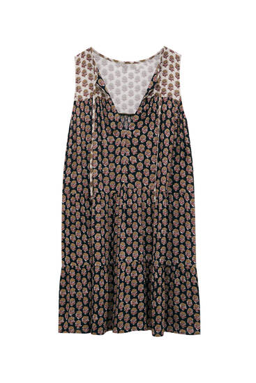 Printed short dress with tie neck