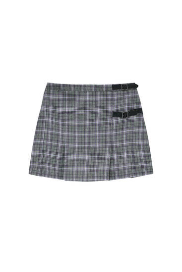 Check mini skirt with buckle detail