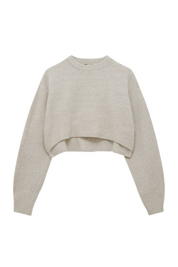 Cropped purl knit sweater