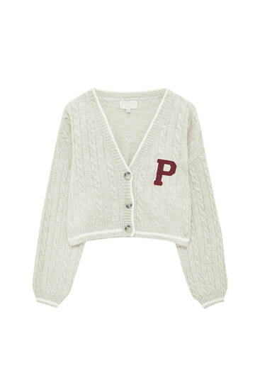 Cable knit cardigan with initial