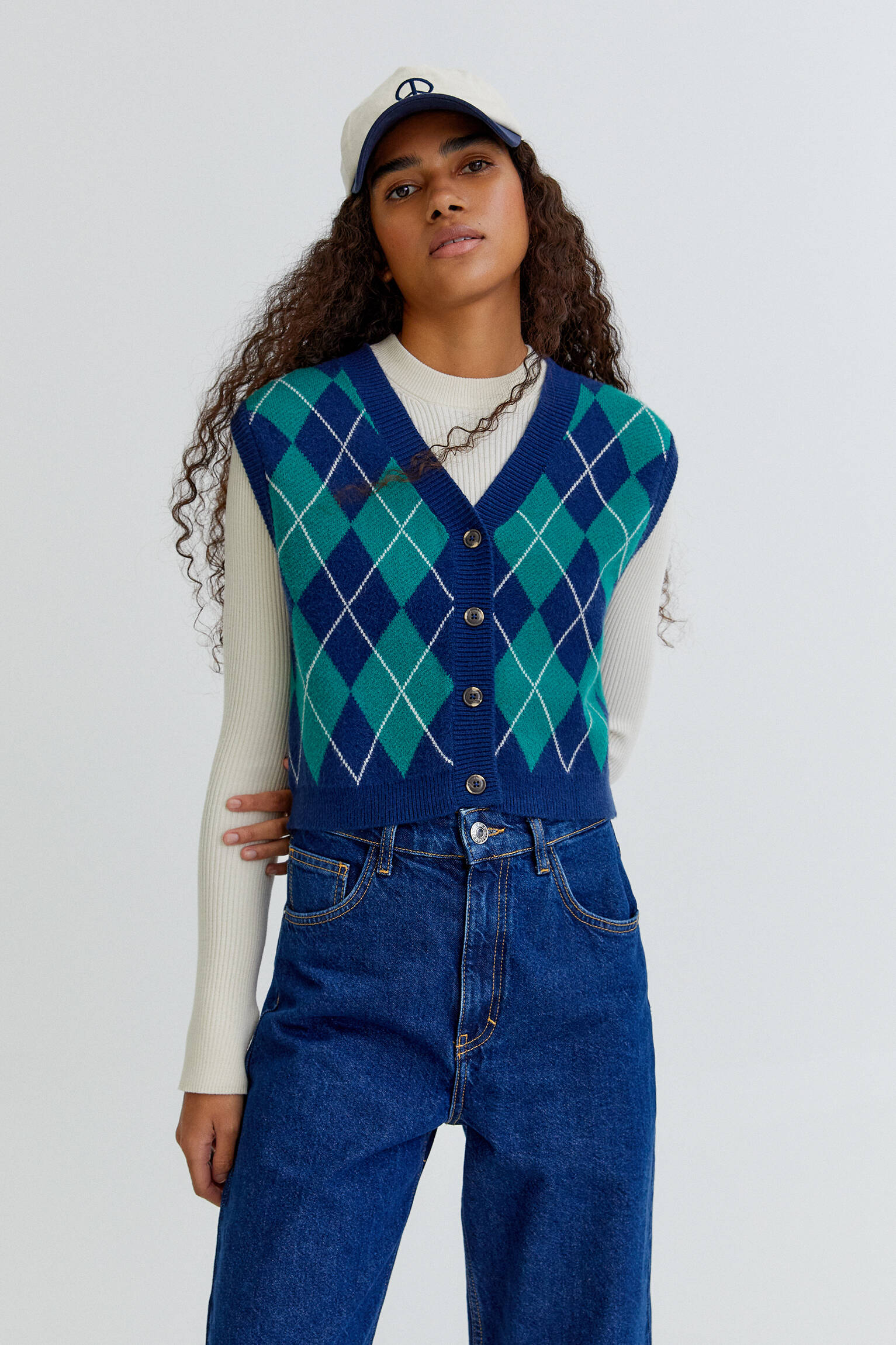 Pull \u0026 Bear - Chaleco punto estampado rombos