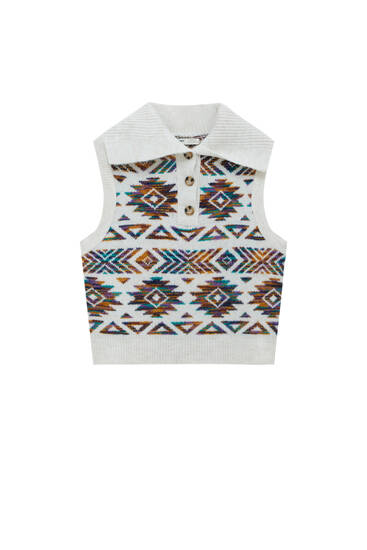 Buttoned knit vest with geometric print