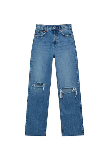 Straight-leg high waist ripped jeans