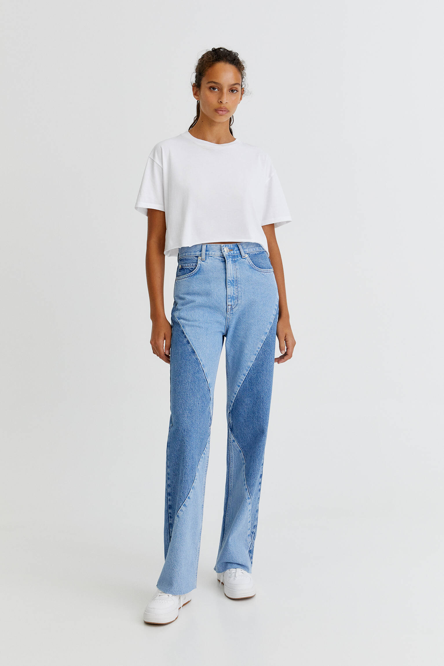 Pull \u0026 Bear - Jeans rectos patchwork tiro alto
