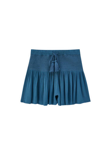 Skort with shirring and drawstrings
