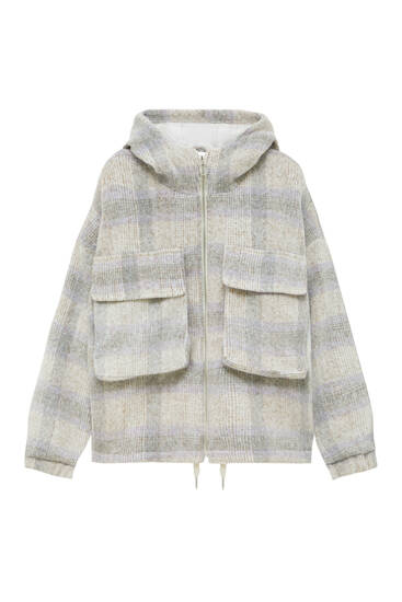 Checked synthetic wool hooded jacket