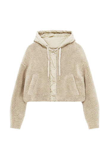 Faux shearling jacket with contrast hood