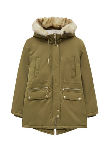 Basic long parka with faux fur lining