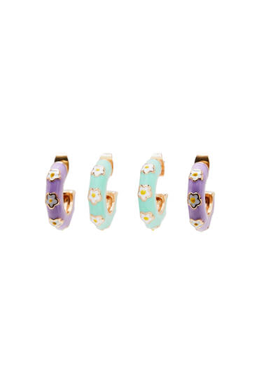 Pack of enamelled floral hoop earrings