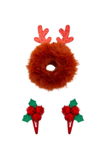 Pack of Christmas scrunchie and hair clips