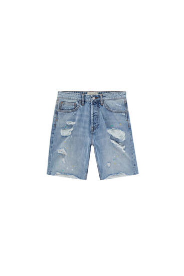 Regular fit denim Bermuda shorts with ripped detailing - contains recycled cotton