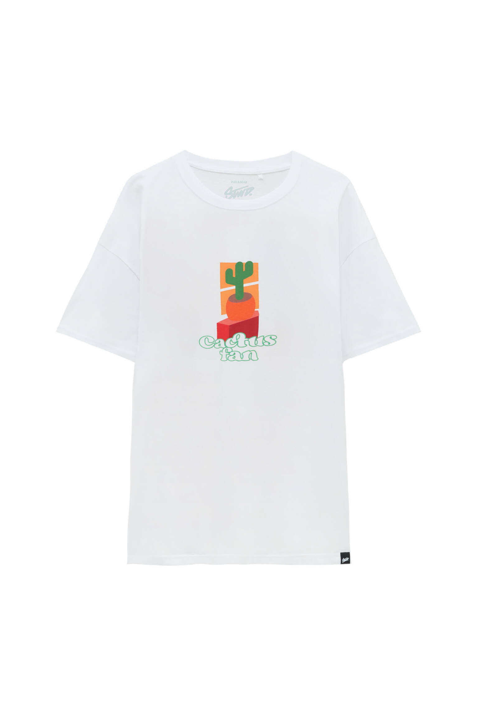 Белая футболка с принтом и надписью Cactus fan БЕЛЫЙ Pull & Bear