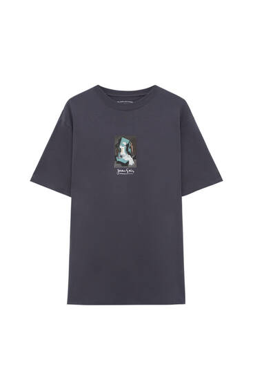 Juodi marškinėliai su Juan Gris „Butelis ir vaisių dubuo“