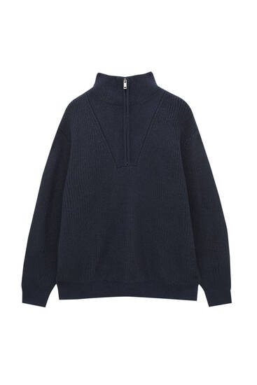 High neck knit sweater with zip