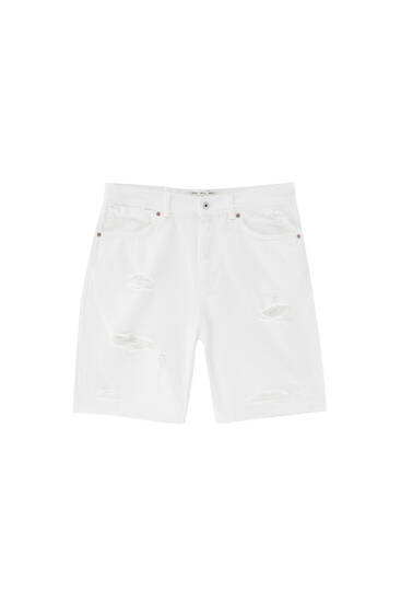 Relaxed fit denim Bermuda shorts with ripped detail