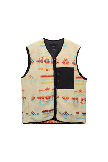 Printed faux shearling waistcoat with contrast pocket