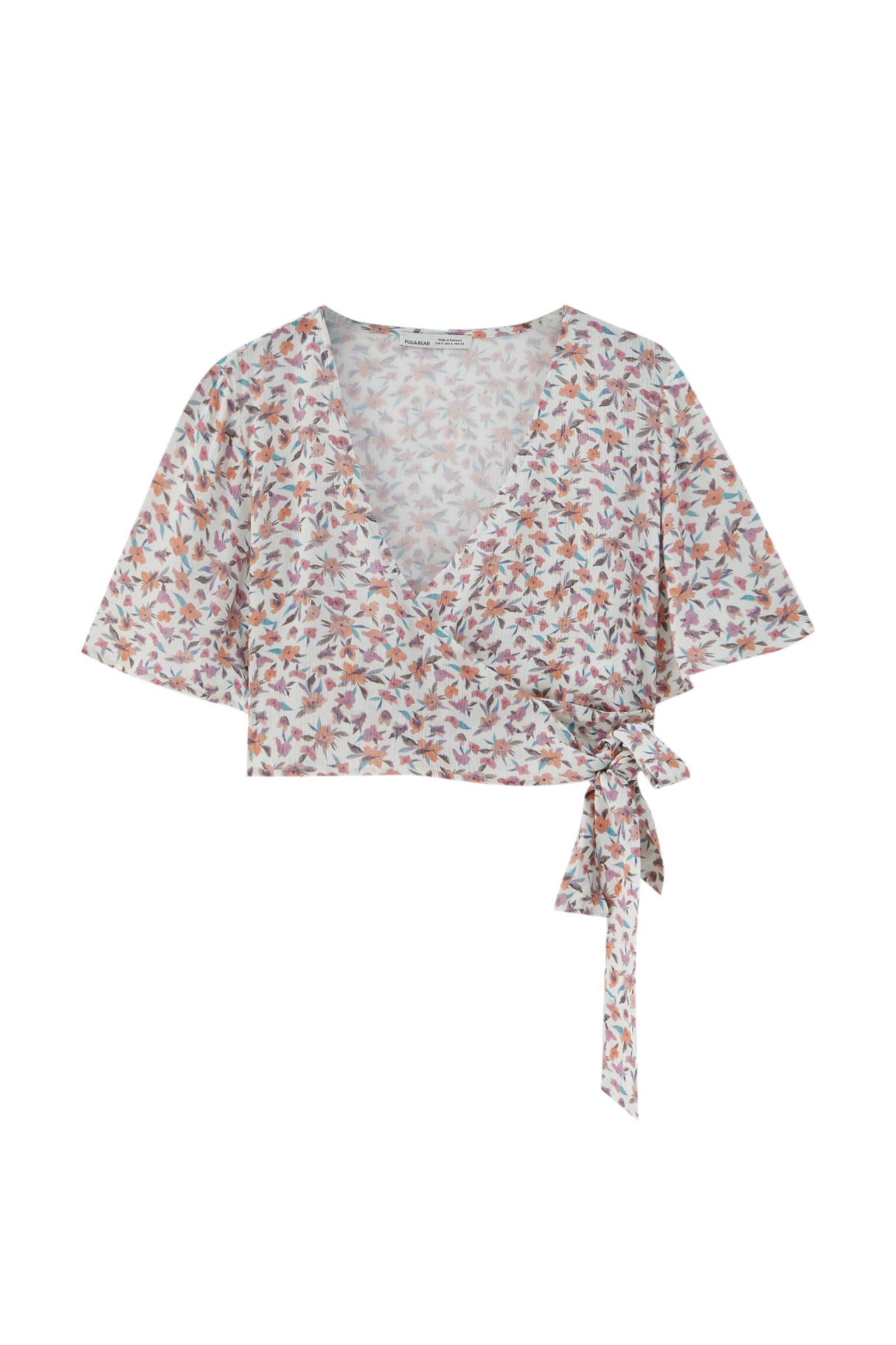Укороченная блуза с принтом и завязками ЭКРЮ Pull & Bear
