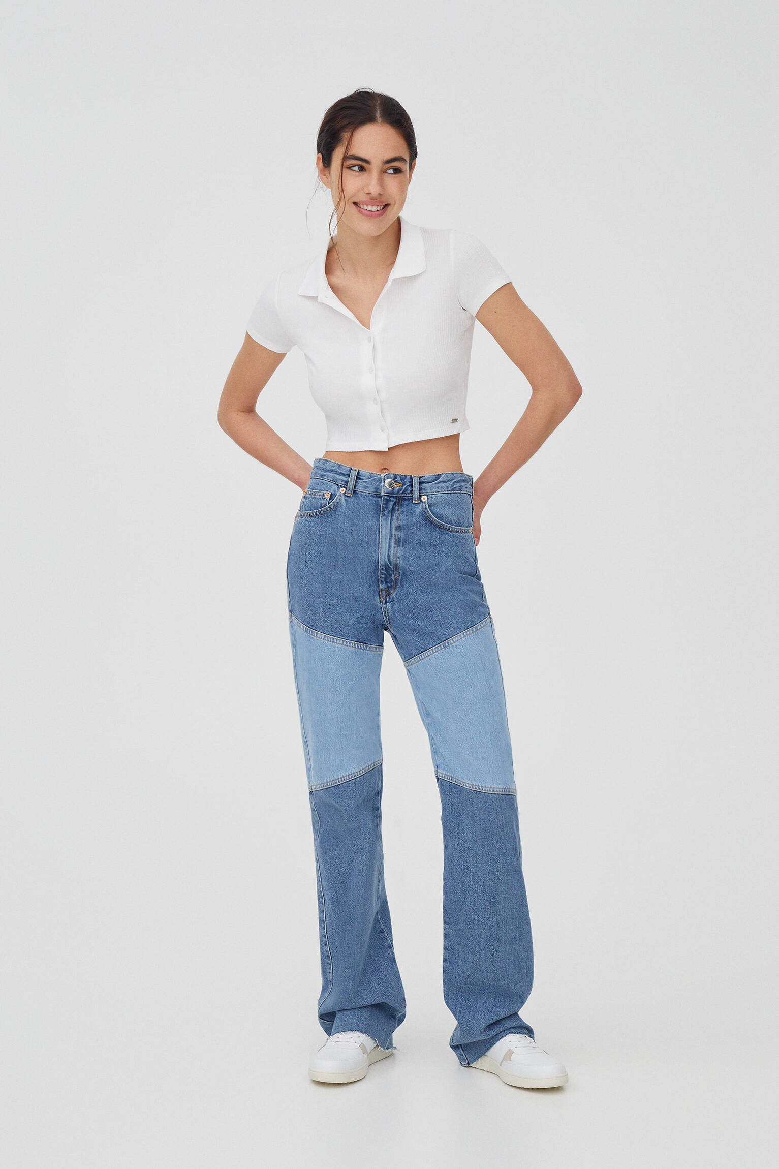 High-rise straight fit patchwork jeans