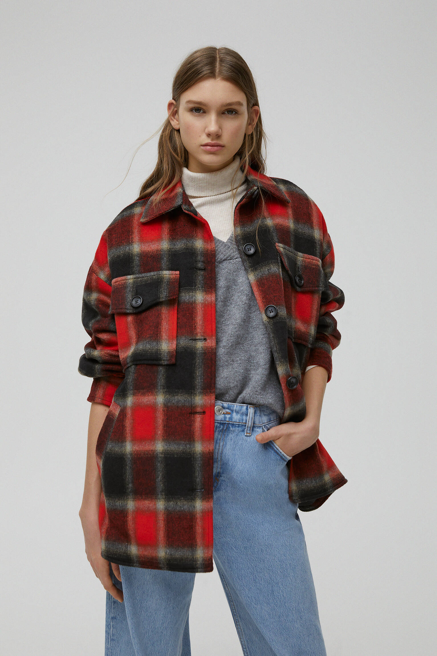 Pull & Bear - Synthetic wool check overshirt with pockets