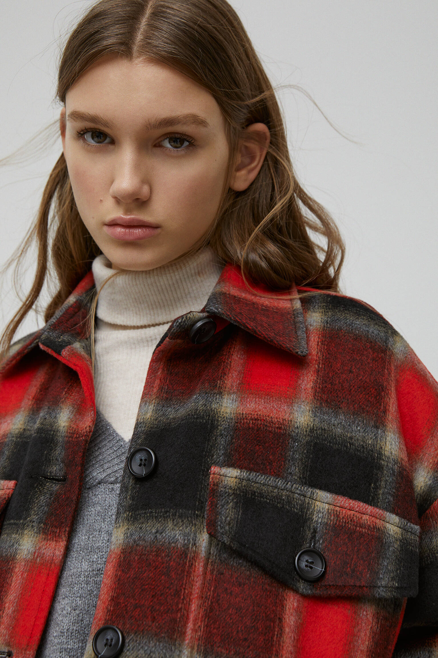 Pull & Bear - Synthetic wool check overshirt with pockets