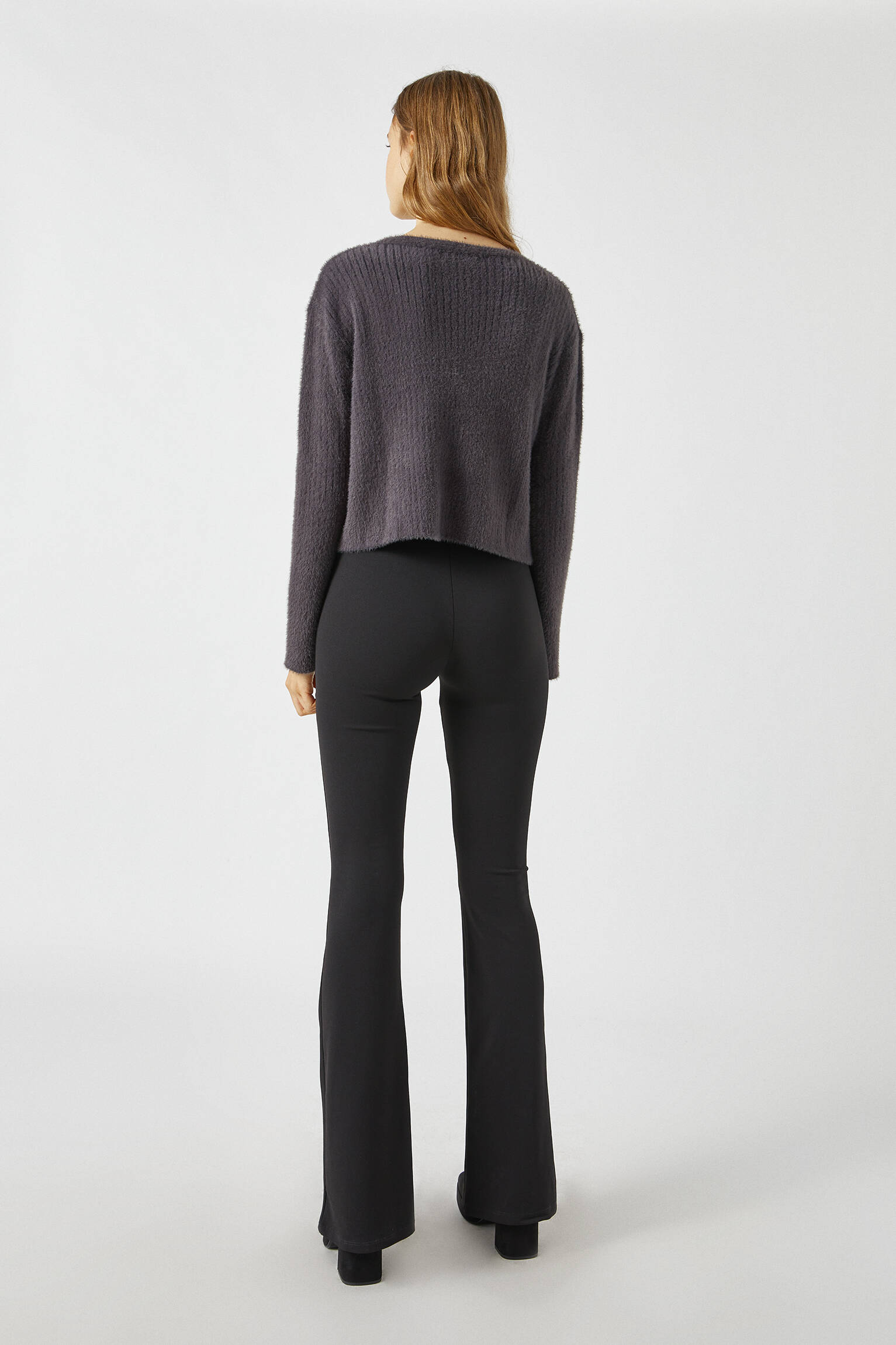 Dark Grey Ribbed Flared Trousers