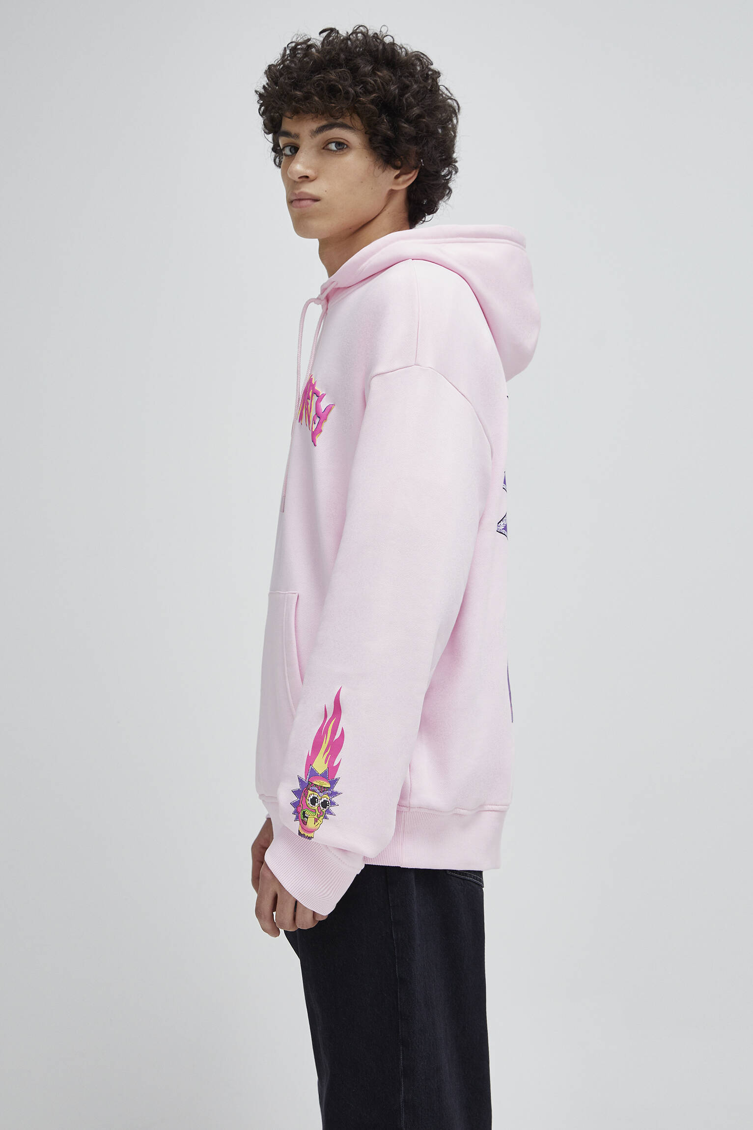 Pull \u0026 Bear - Pink Rick and Morty hoodie with flames