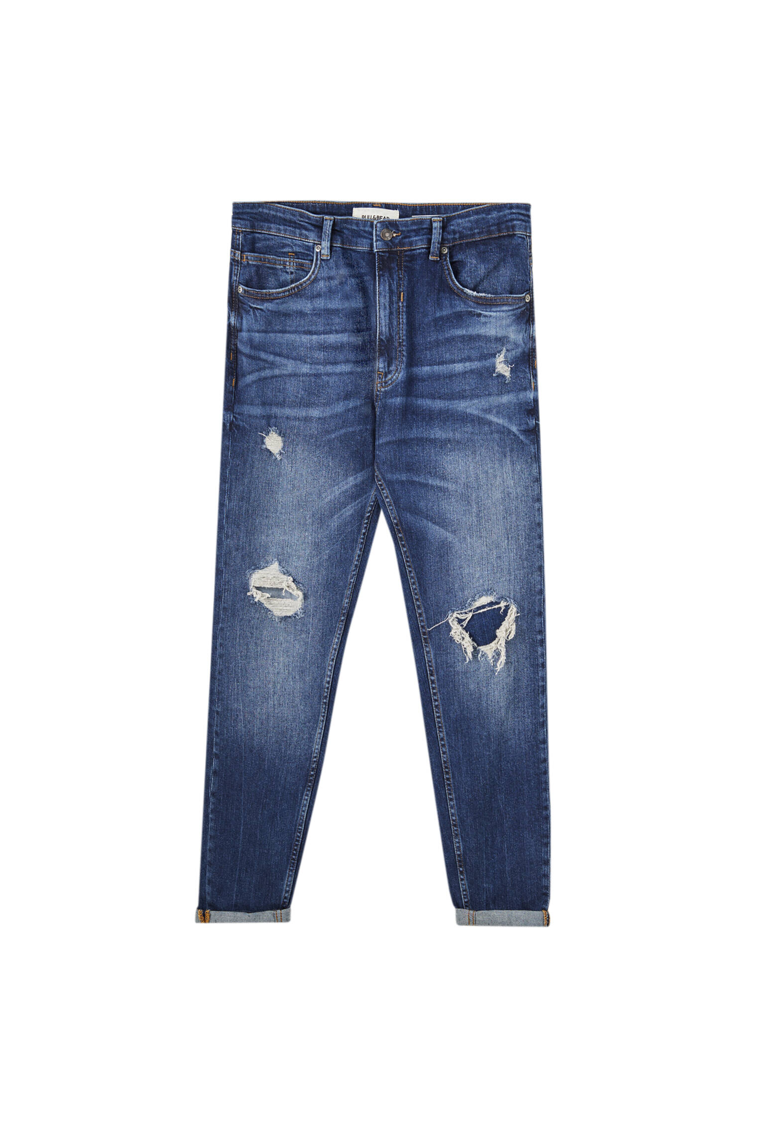 ТЕМНО-СИНИЙ Зауженные джинсы премиум-качества с разрезами Pull & Bear