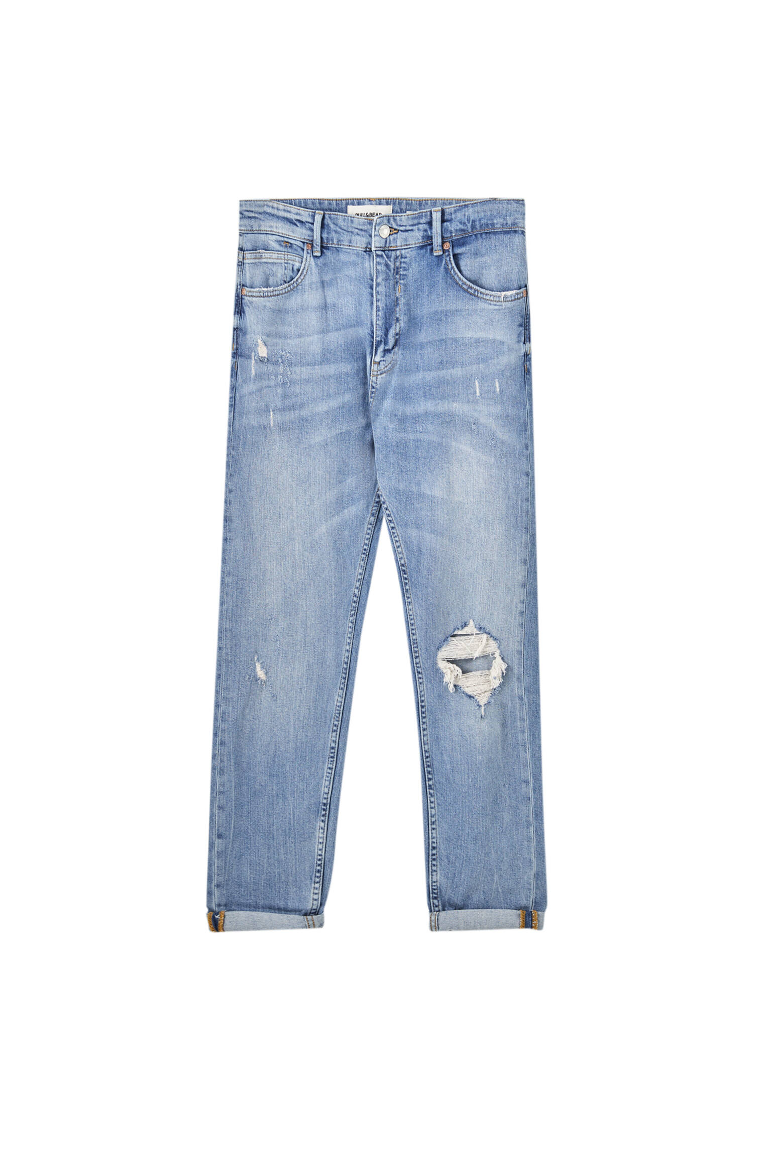 ВЫЦВЕТШИЙ СИНИЙ Зауженные джинсы премиум-качества с разрезами Pull & Bear