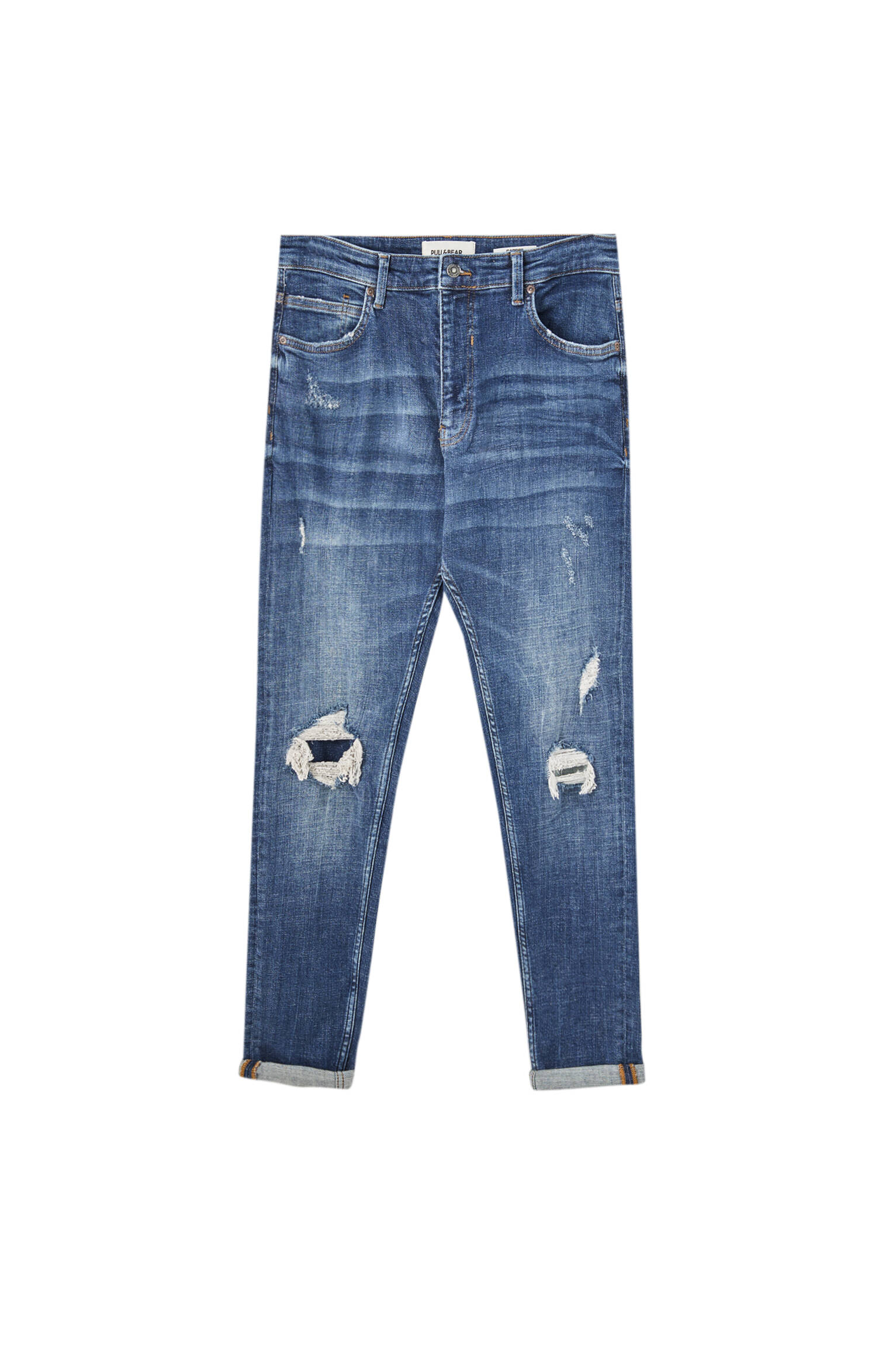 ЗЕЛЕНОВАТО-СИНИЙ Зауженные джинсы премиум-качества с разрезами Pull & Bear
