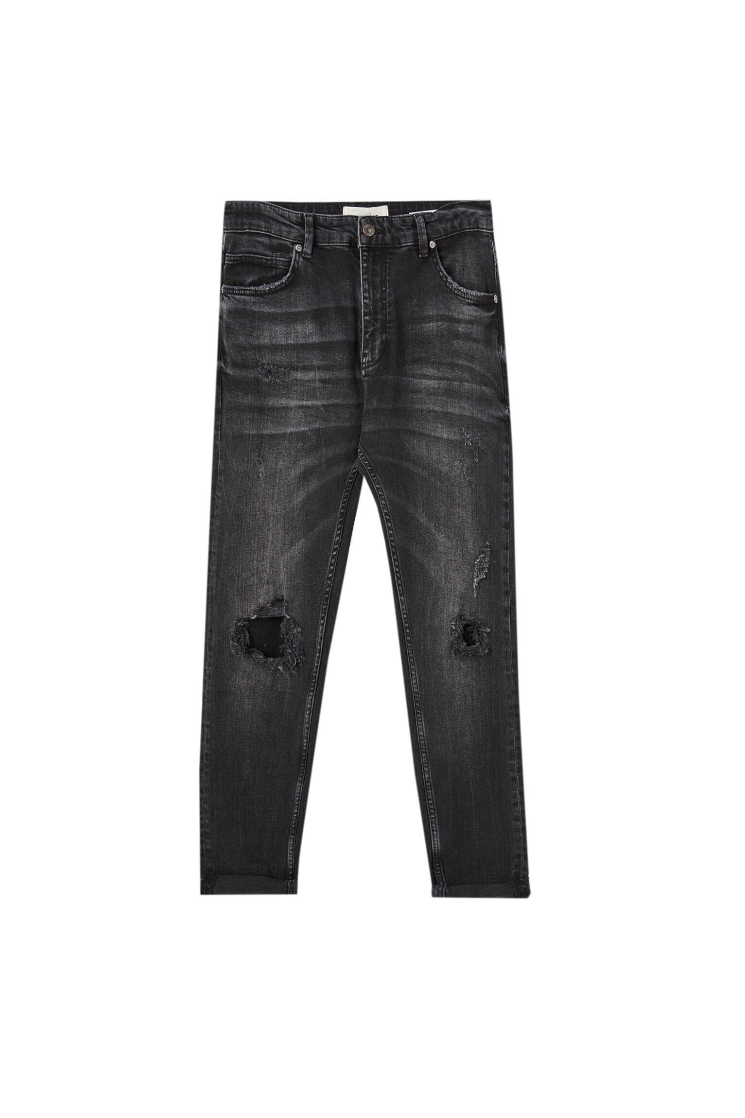 ЛИНЯЛЫЙ ЧЕРНЫЙ Зауженные джинсы премиум-качества с разрезами Pull & Bear