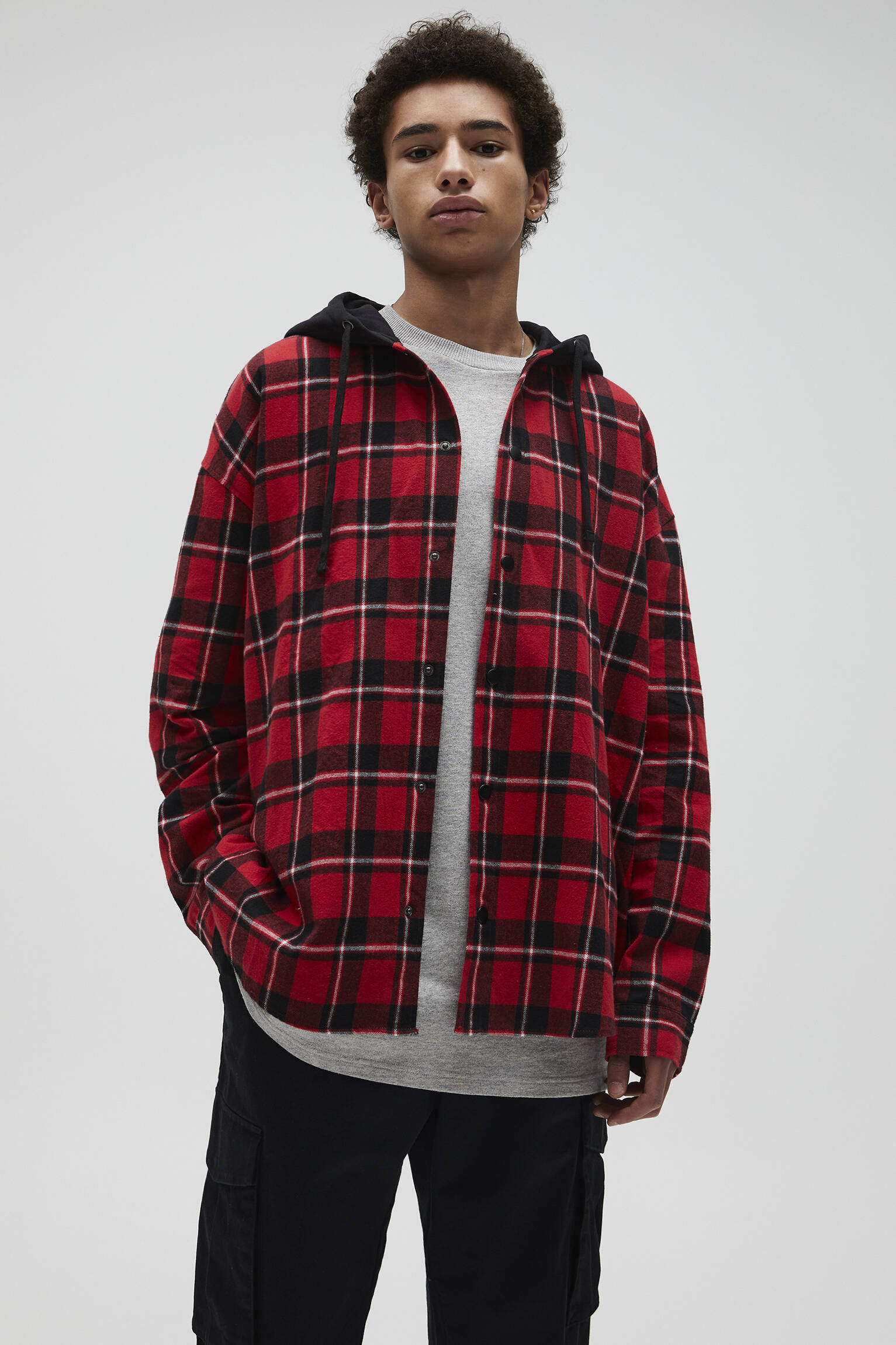 Pull & Bear - Red plaid overshirt with hood
