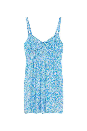 Korte blauwe jurk met bloemenprint