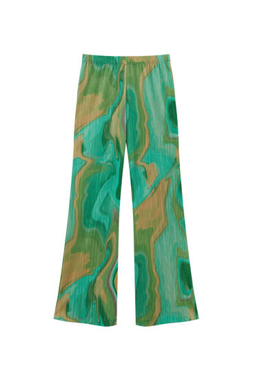 מכנסיים מבד פליסה בצבע ירוק עם הדפס